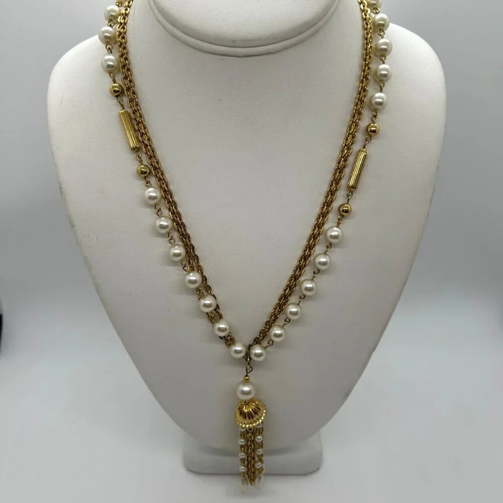 Vintage Faux Pearl Necklace Triple Strand Gold-Tone Chain Tassel Pendant 1970s - Picture 1 of 13